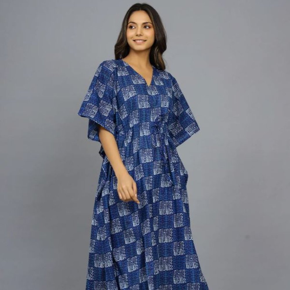 Summer Cotton Kaftan Blue beach cover loungewear Indigo Block print Resort wear